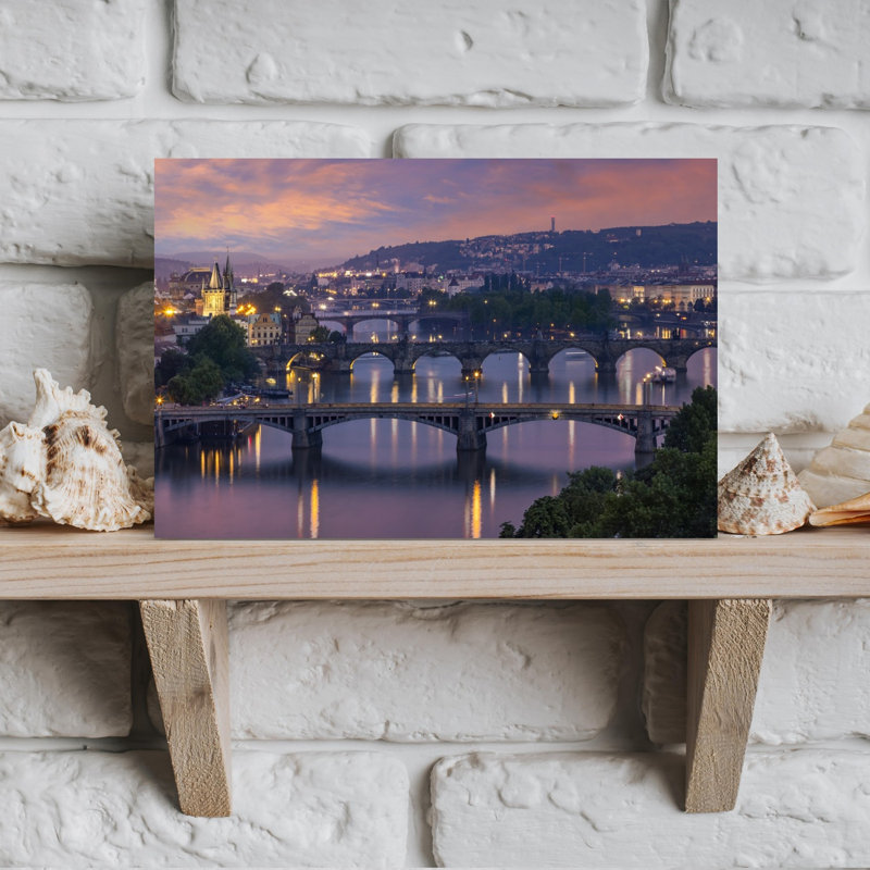 Prague Bridges At Twilight Peaceful Romantic Serene Architecture City Wall Art Print 1 Piece Wrapped Canvas Wall Art