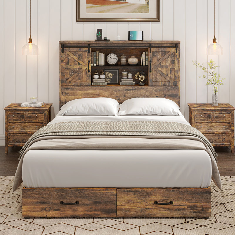 Rustic Brown Queen Wood Platform Bed with Bookcase Headboard and Storage