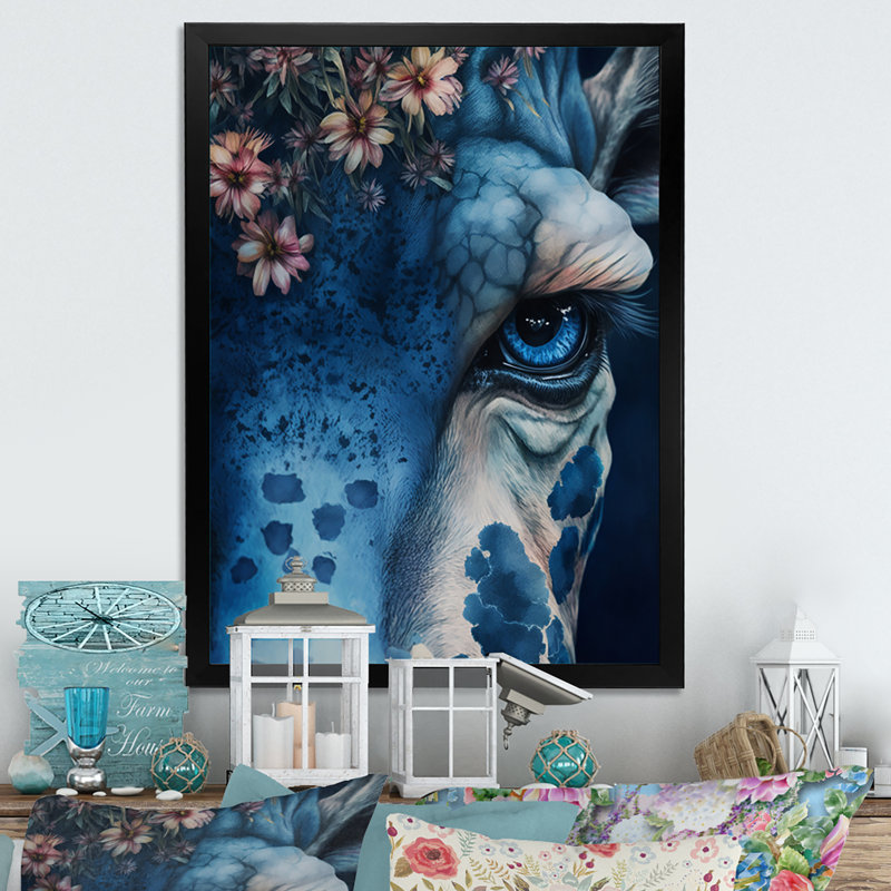 Portrait de girafe avec fleurs II - reproduction sur toile, Impression noire sur toile encadrée, H 20 po x l 12 po x P 1 po