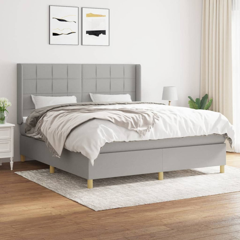 Box Spring Bed with Mattress, Fabric, King, Light Gray/Oak