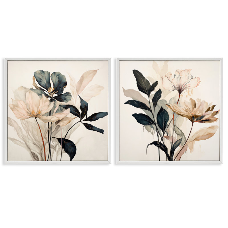  «Black Botanicals», ensemble de 2 giclées par Lazar Studio, H 24 po x l 24 po, Estampe numérique encadrée blanc bord de mer