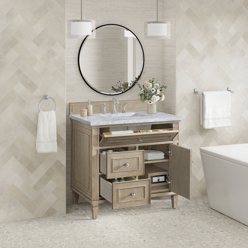 Lorelai 36'' W Single Vanity, Carrara White, Whitewashed Oak, 8" Widespread