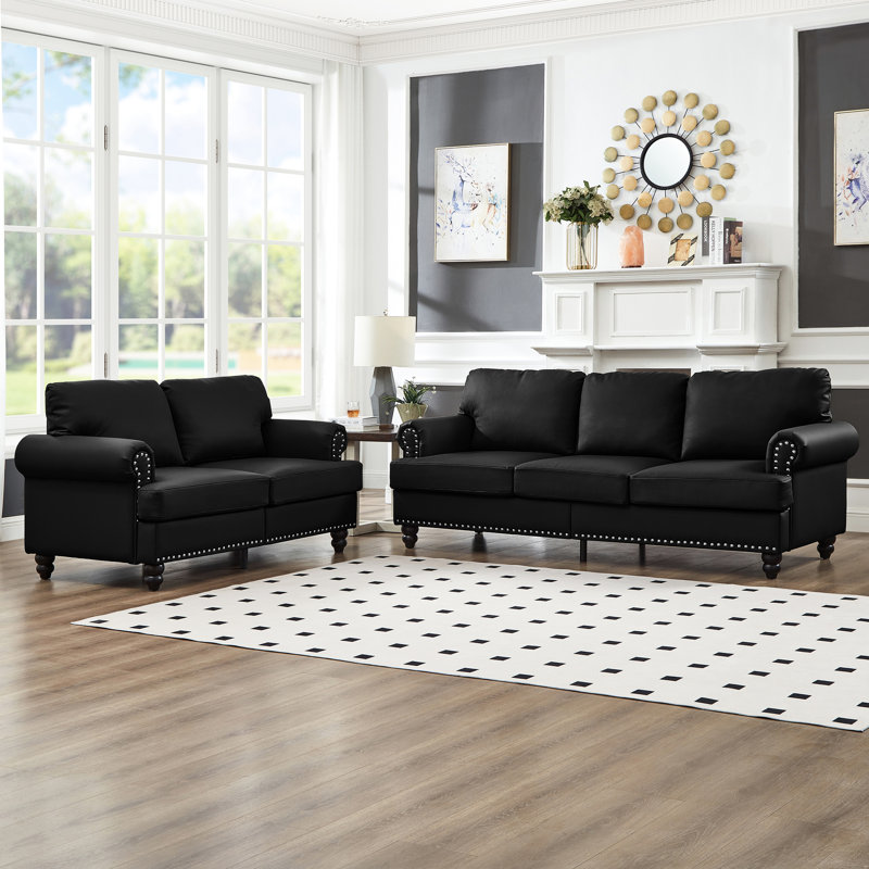 5 places et cuir de vache, design classique moderne avec clous argentés, coussins à ressorts ensachés, espace de rangement, sièges confortables, revêtement en similicuir noir facile à nettoyer, design, rond,