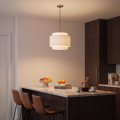 Lampe suspendue Kaltcheva, nickel satiné, abat-jour en lin blanc, intensité variable, ampoule incluse