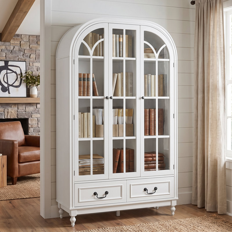 Bibliothèque de 67 po de hauteur avec portes en verre, vitrine à 4 niveaux avec tablettes réglables, blanc, White