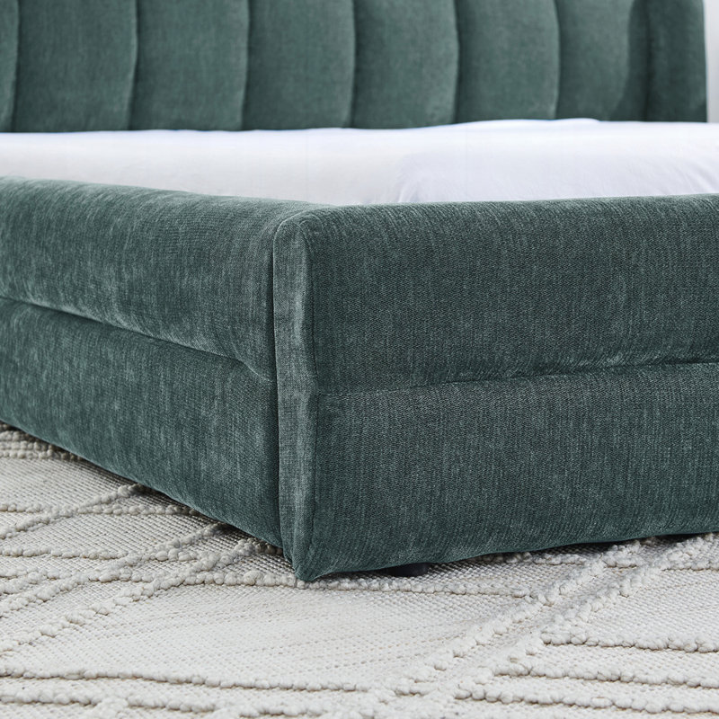 Structure de lit tapissier avec tissu épais, lit plateforme avec tête de lit, Bleu / vert