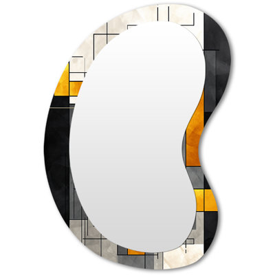 Grand miroir mural asymétrique jaune et gris Fulguta géométrique fusion 2 - miroir décoratif de forme irrégulière jaune, impression sur métal
