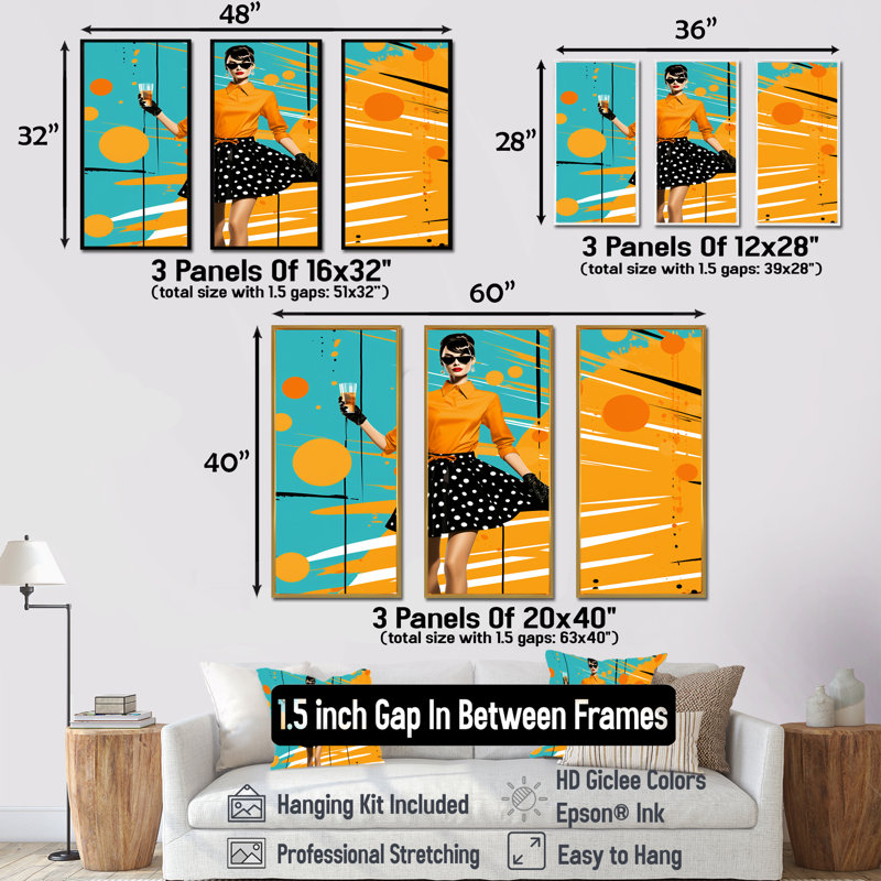 «Orange Midcentry Woman Insta Pose», art mural ballet, H 40 po x l 60 po, Cadre flottant brun