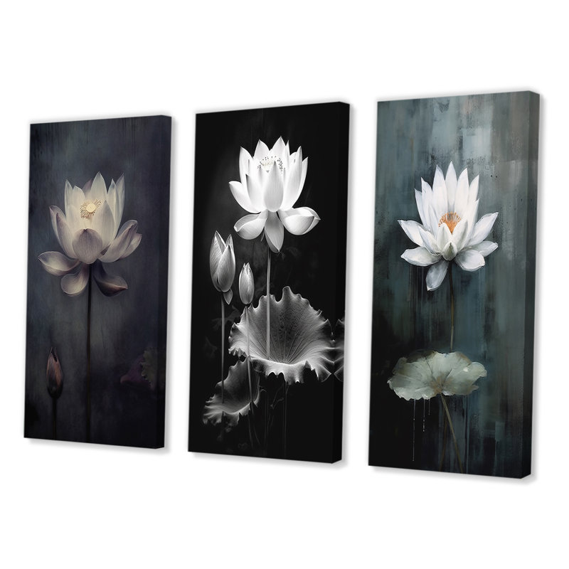 «Grey Monicolen Lotus Symphony», 3 pièces sur toile, H 32 po x l 48 po, Toile tendue
