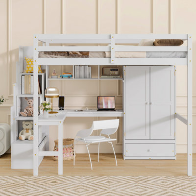 Lit mezzanine double en bois avec bureau, étagères à livres et armoire avec portes et tiroir, escalier encastré avec tablettes de rangement, lit mezzanine avec garde-corps de sécurité et lattes solides, blanc