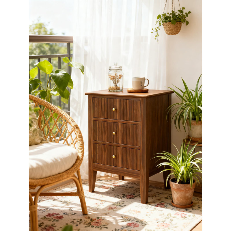 Table de chevet cannelée à 3 tiroirs, table de chevet moderne de style Mid-Century avec beaucoup de rangement, table d'appoint en bois robuste pour la chambre à coucher et le salon