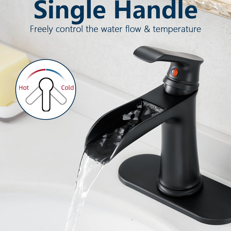 Contemporary Bathroom Waterfall Faucet With Deck Plate, Black, Pop Up Drain, Supply Lines, One Handle , Geometric Form, Cartridge Valve Type Plate Faucet, Shape, Side Function