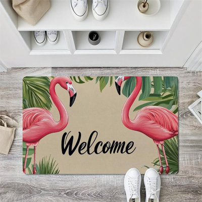 24"x36" Tropical Beach Mat, Pink Flamingo Welcome Door Rug