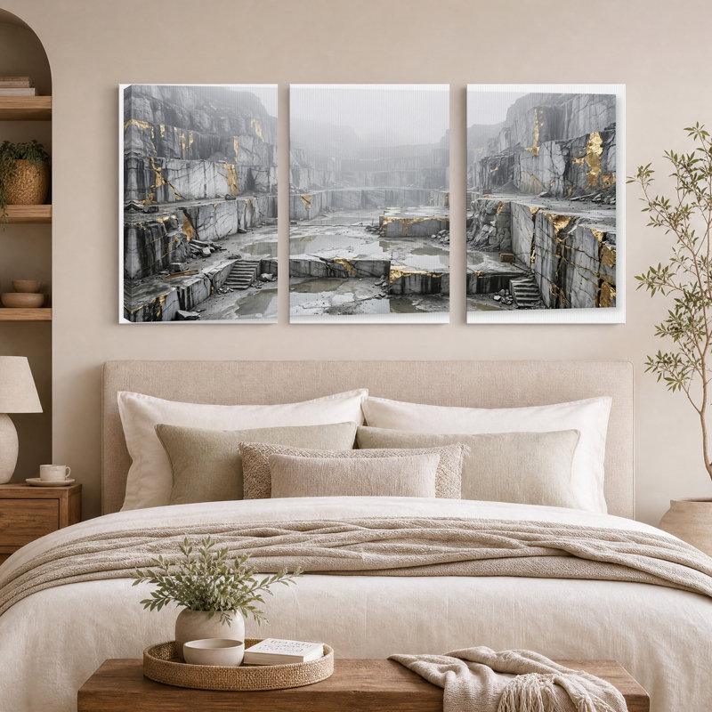 Ensemble de 3 toiles murales « Carrière de marbre brumeux aux veines dorées », 18"H x 12"W x 3pcs