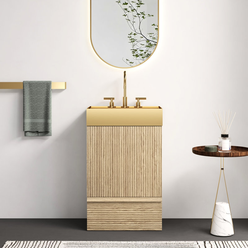 Meuble-lavabo en chêne rayé de 20 po, lavabo en métal doré brossé, porte à fermeture douce, poignée dissimulée, tiroir de qualité intégrée E1, conception facile à nettoyer