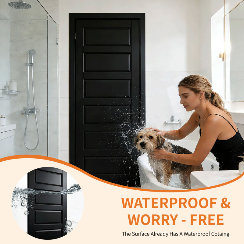 Porte coulissante intérieure 6 panneaux à noyau uni noir avec couche d'apprêt standard pour chambre à coucher, salon 28 po x 96 po