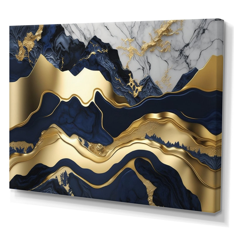 Rehoboth bleu et or captivant l'abstraction de marbre I, Toile tendue, No Frame, H 16 po x l 32 po