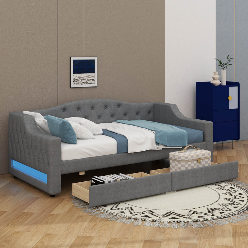 Twin XL-Sized Daybed With LED Strip And 2 Drawers, Gray