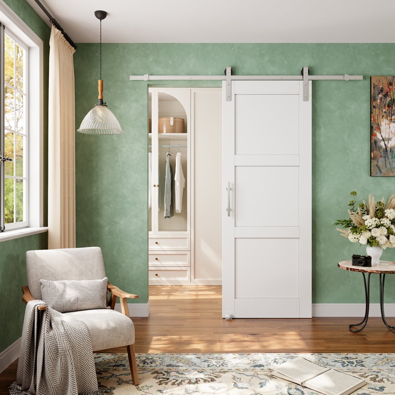 Porte de grange coulissante en bois 3-Lite White Core, 32 po x 80 po