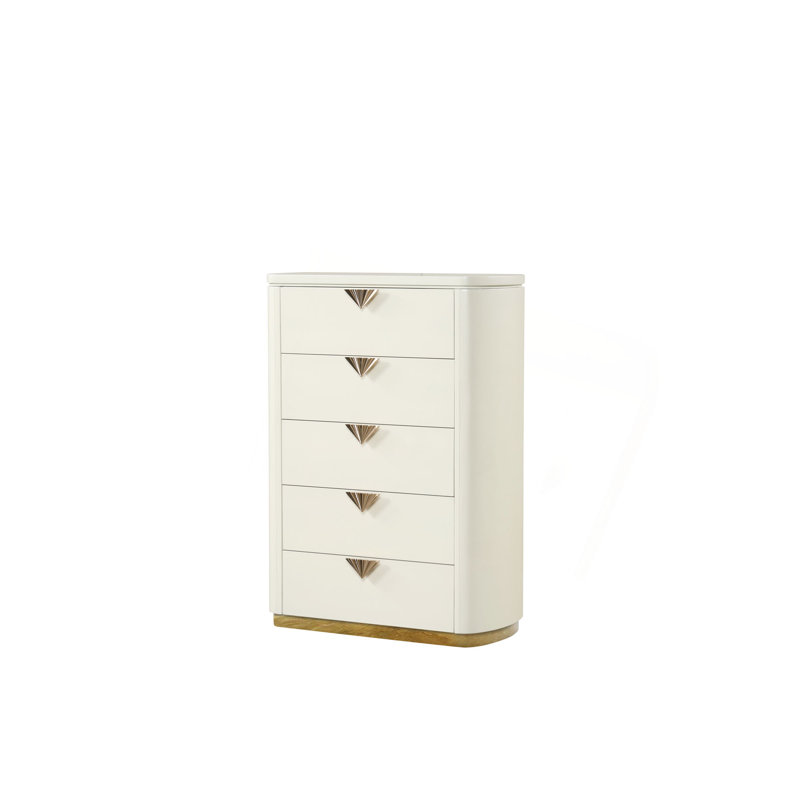 Commode à 5 tiroirs de style moderne en bois, miroir ouvert et accents dorés