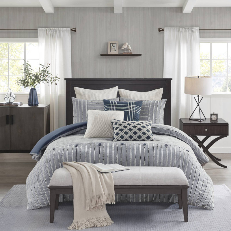 Ensemble d'édredon surdimensionné 100% jacquard Essence, Édredon très grand + 5 taies décoratives + 3 co, Bleu