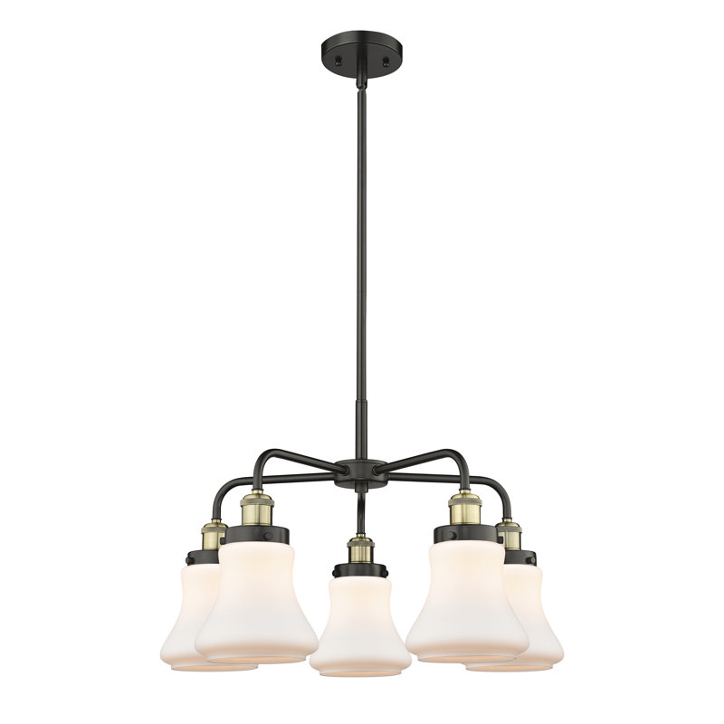 Lustre suspendu 5 lumières 24 po Bhanupriya, Blanc mat, Laiton antique noir