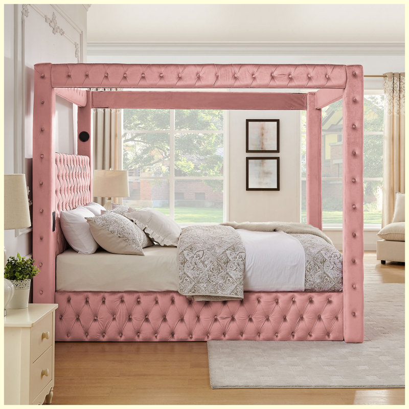 Lit à baldaquin Queen Size en velours avec tête de lit capitonnée, haut-parleur Bluetooth et ports de chargement USB, rose