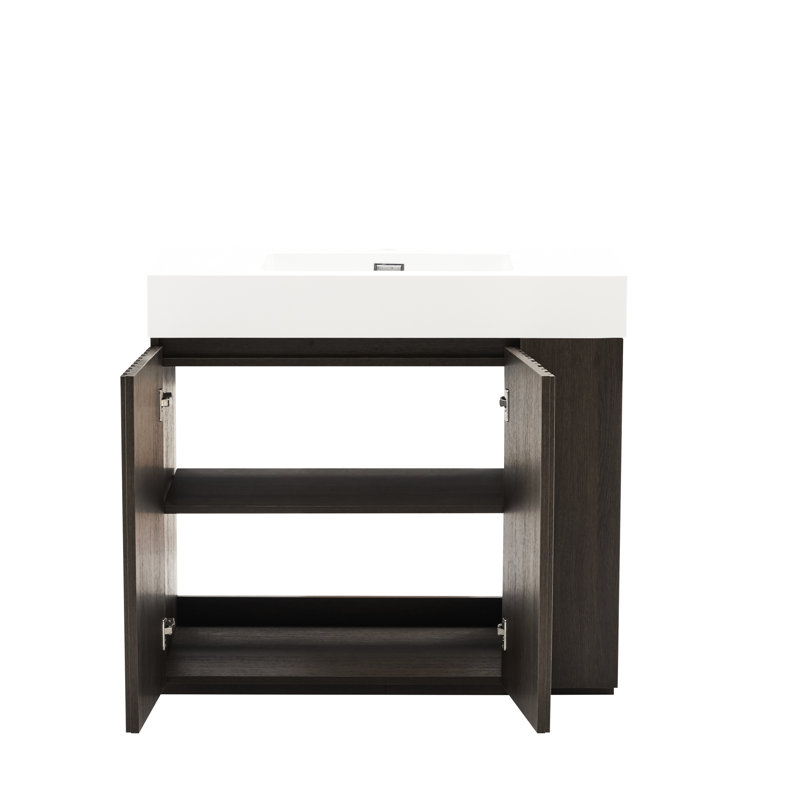 Meuble-lavabo en chêne fumé de 36 po avec conception cannelée, lavabo blanc, unités à deux portes autoportantes de style transitionnel, tablettes réglables, charnières silencieuses, convient aux salles de bain contemporaines