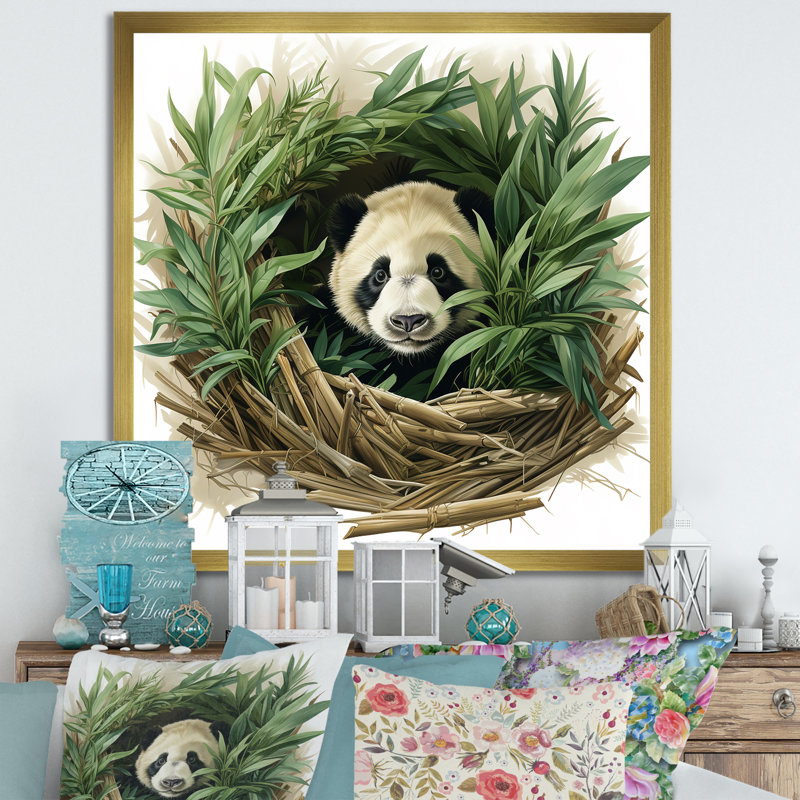 Panda vert avec habitation en bambou vert, H 30 po x l 30 po x P 1,5 po, Cadre doré simple