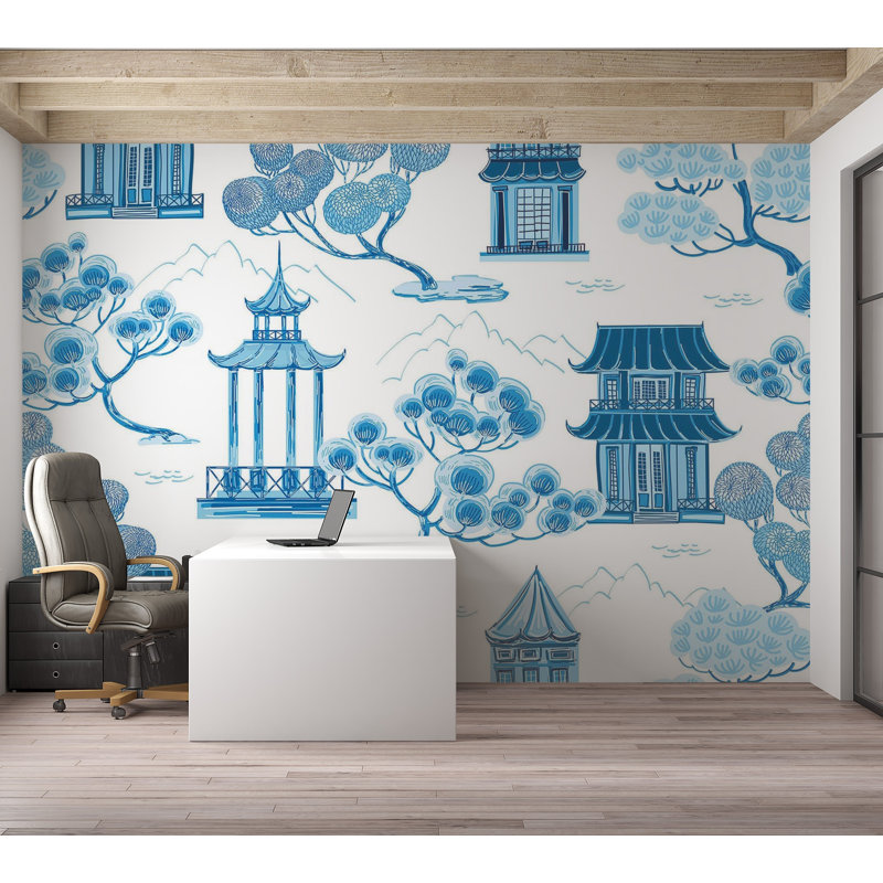 Murale pelez et collez de qualité supérieure - Paysage asiatique bleu, L 96 po x l 120 po