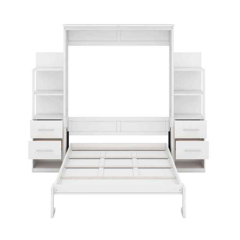 Lit escamotable avec tiroirs de rangement, lumières DEL et tablettes de bibliothèque, armoire murale escamotable en bois avec DEL