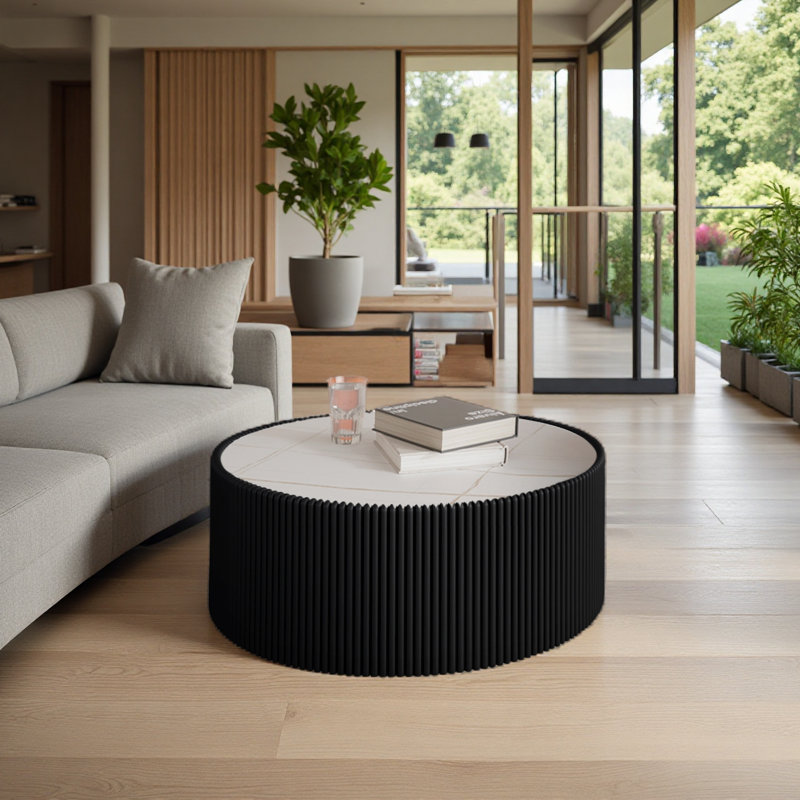 Table basse moderne en cuir fritté avec dessus en pierre, Blanc, Noir