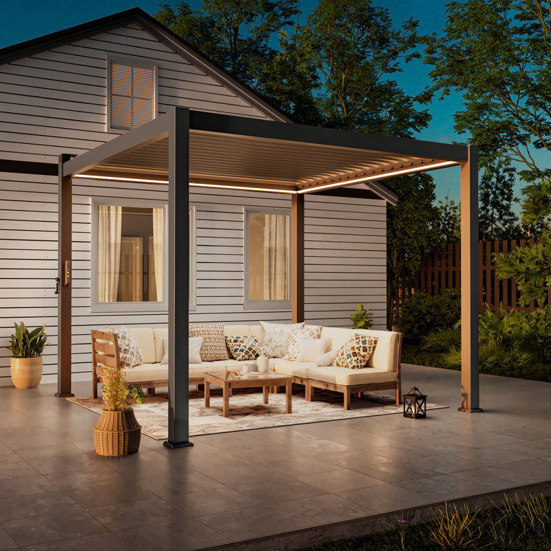 LED Metal Frame Pergola Freestanding Patio Pergola with Louvered Roof Pergola, 10' x 10'