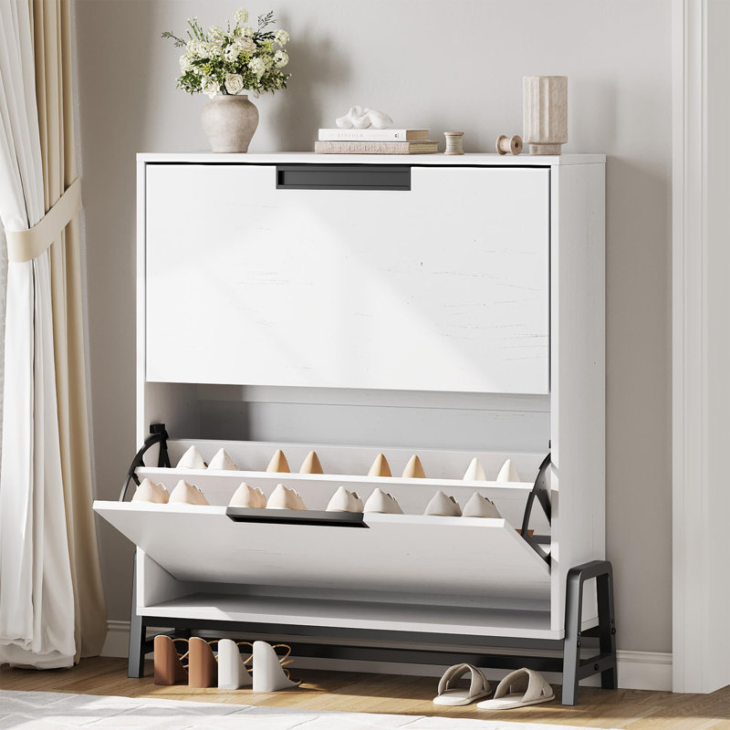 Slim Shoe Storage Cabinet with 2 Turn Drawers – Adjustable Shelf – Metal Legs – Freestanding Entryway Organizer – Pure Antique White