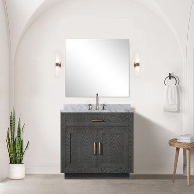 Ensemble de meuble-lavabo simple en chêne noir l 36 po x P 22 po, plateau en marbre de Carrare et robinet