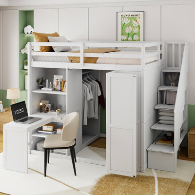 Lit mezzanine double avec garde-robe, bureau et tablettes