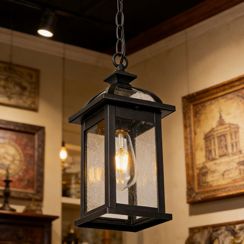 Outdoor Pendant Light Fixture With Seeded Glass, Durable Aluminum Construction, Adjustable Chain For Porch, Patio, Entryway - UL Listed, Weather Resistant