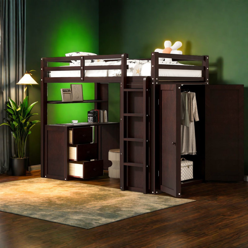 Lit mezzanine simple multifonctionnel peu encombrant au fini bois espresso
