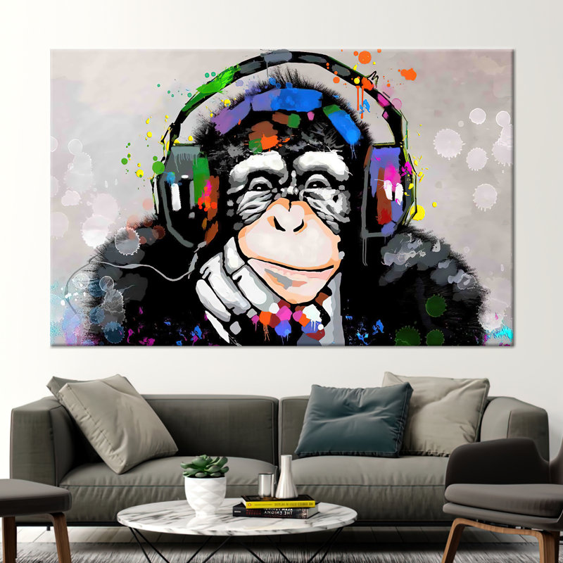 Abstrait, art mural sur toile de singe dj: décoration murale d'amant de musique tendance avec un singe qui réfléchit