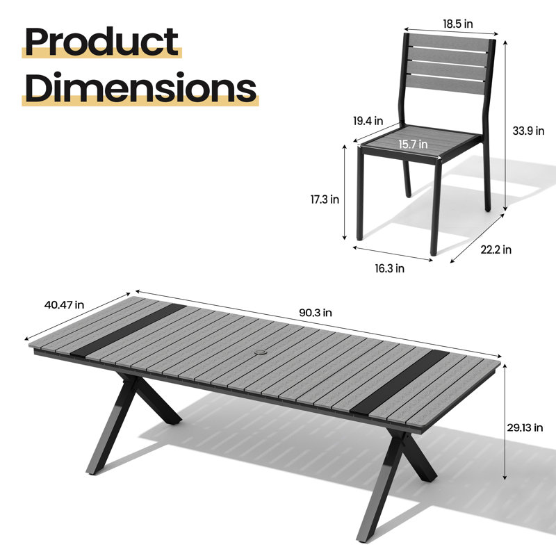 8 - Person 90.3‘’ W X 40.5'' D Aluminum Patio Dining Set With Umbrella Hole And Stackable Chairs, Dark Gray