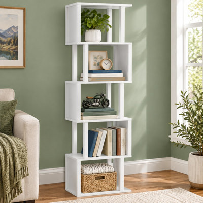 This white 58.1"-tall S-shaped bookshelf has 5 open tiers and includes an anti-tip kit for displaying belongings in bedrooms, offices, or living rooms.