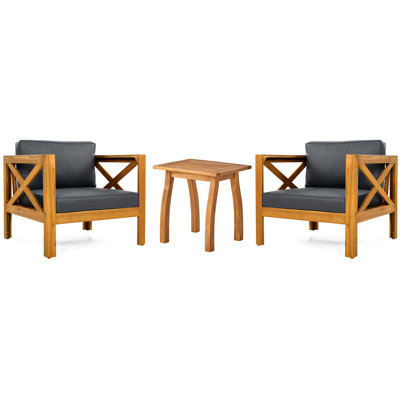 Fauteuil club en bois de 2 avec coussins imperméables gris foncé, finition idéale pour les rassemblements en plein air, idéal pour se détendre