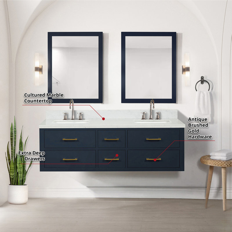 Meuble-lavabo double 60 po bleu X P 22 po D, plateau en marbre de culture, ensemble de robinet et Miroirs, Bleu / blanc