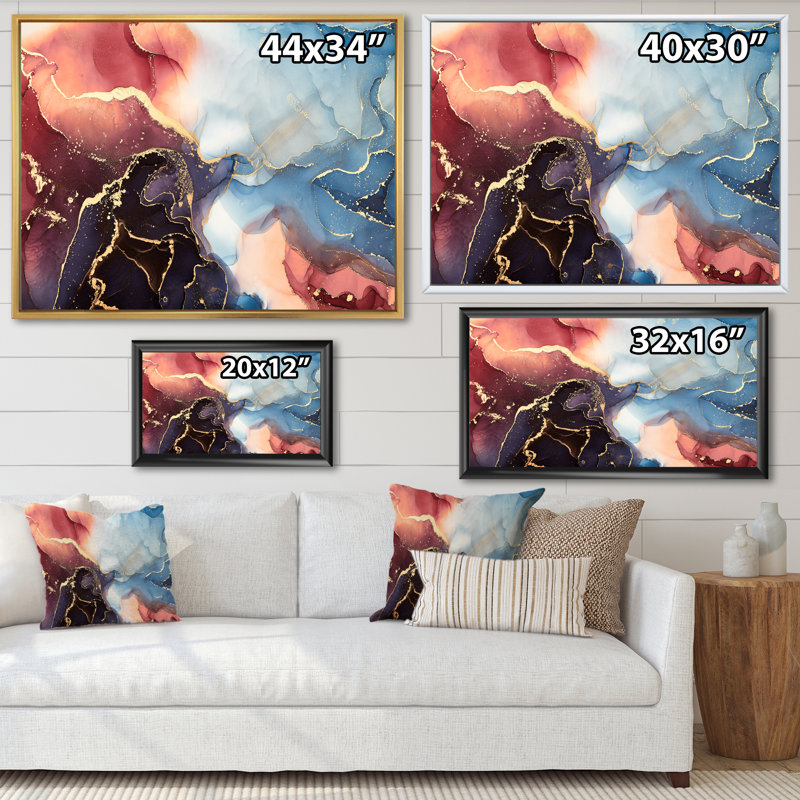 «Brown and Blue Luxury Abstract Fluid VI», peinture sur toile, H 34 po x l 44 po x P 1,5 po, Cadre flottant blanc