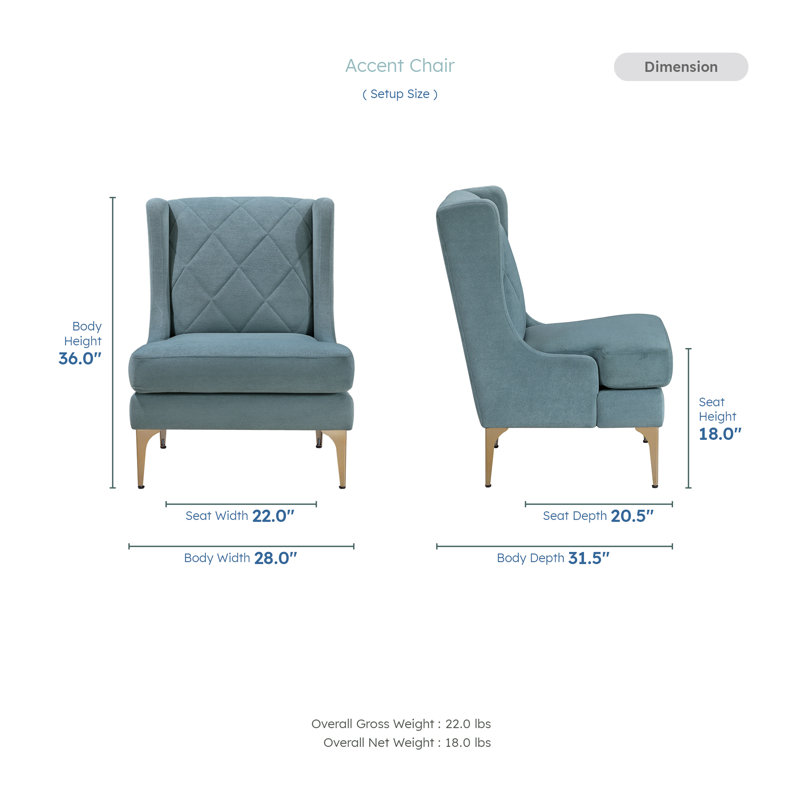 Holverson 28" Modern & Contemporary Accent Chair with Chenille Fabric Upholstery, Diamond Stitched Back, Brushed Gold Metal Legs