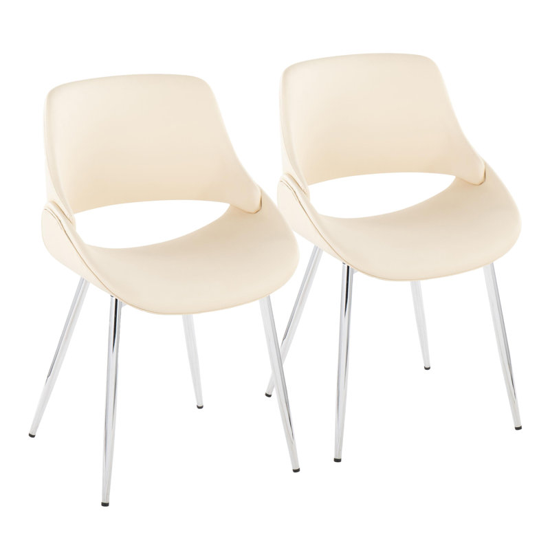 Najrin Faux Leather Upholstered Side Chair with Tapered Metal Legs, Cream Faux Leather, Chrome Metal