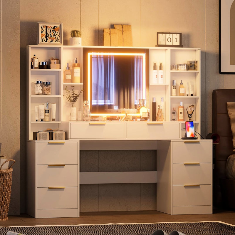 Grand bureau de coiffeuse avec miroir amovible et luminosité - lumières réglables, table de 59 po à 8 tiroirs et tablettes ouvertes, pour chambre à coucher, design américain, matériau blanc, habillage de rangement à DEL réglable,