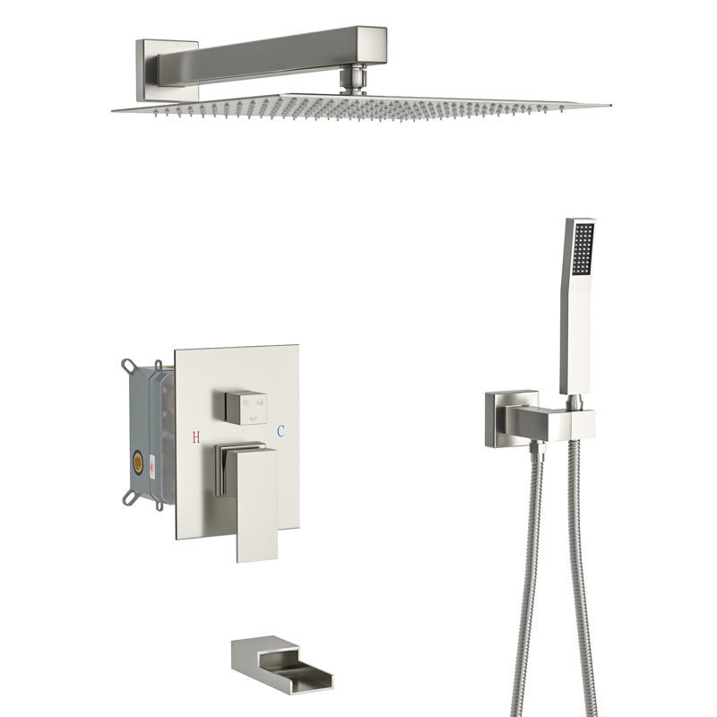Douche carrée murale de 10 pouces en nickel brossé - douchette cascade, 3 fonctions, douche de pluie, ensemble de douchette à main en nickel, douchette