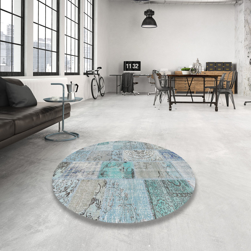 Tapis bleu/gris contemporain, Rond 8 pi