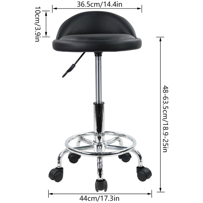 Backed Adjustable Height Ergonomic Lab Stool with Footring Wheels, Black